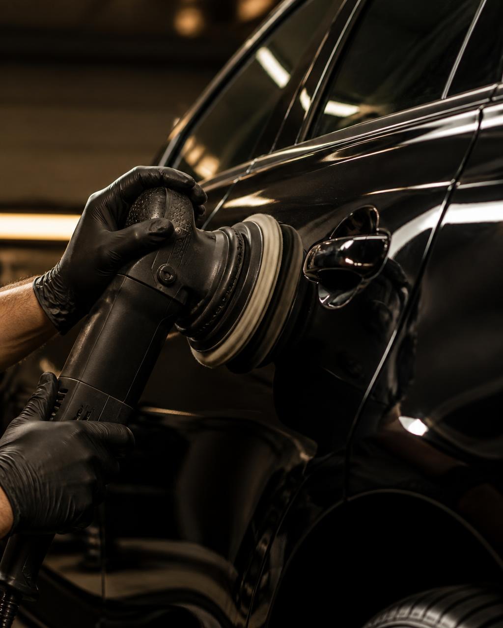 Detailer polerar en svart bil hos GlowKeeper Detailing